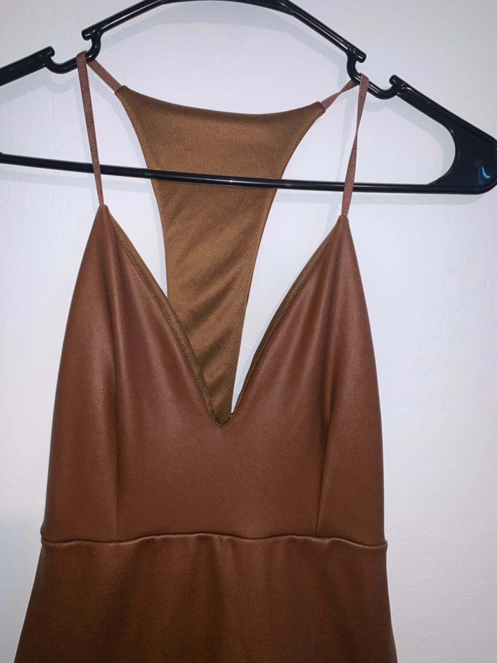 Brown Spaghetti Strap V-Neck Mini Dress - Picture 2 of 5